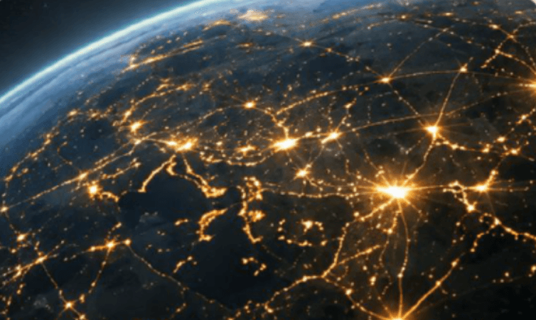 Earth at night with connected global network lines