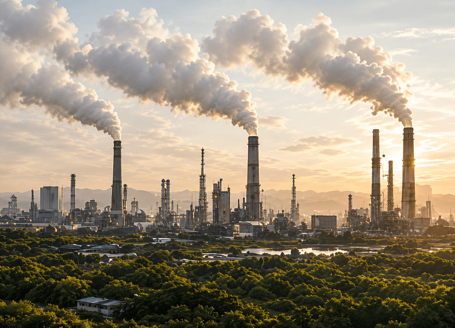 Industrial factory smokestacks emitting smoke at dusk